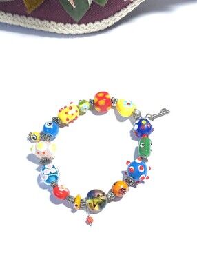 Handmade Lampwork & Murano Glass Beaded Stretch Bracelet with Silver Key Charm
